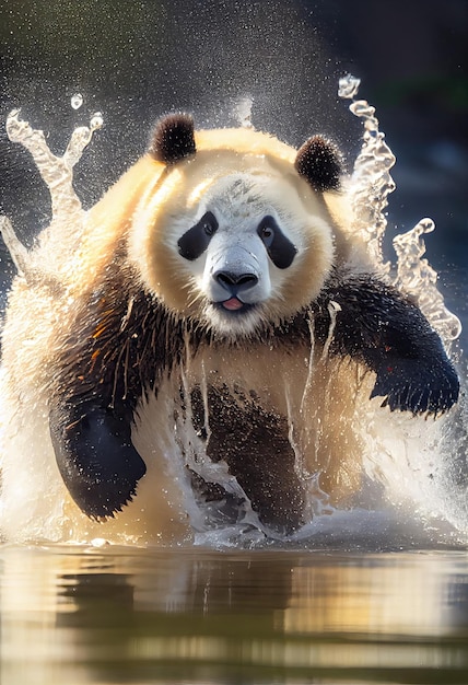 Panda chapoteando en un charco de agua refrescándose en un día caluroso ai generativo