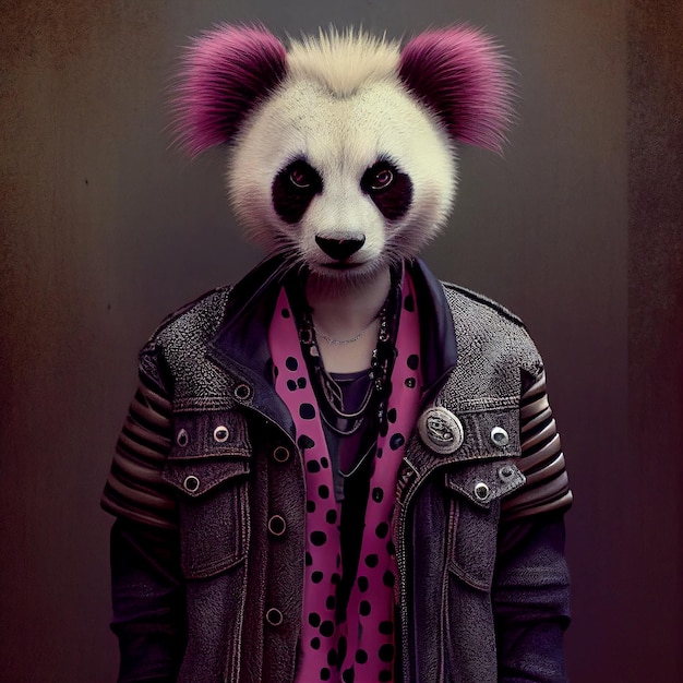 Un panda con una chaqueta y una camisa rosa con una camisa de lunares rosas.