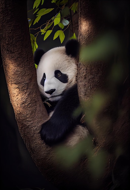 Panda cochilando em uma árvore com a barriga cheia de bambu generativo ai