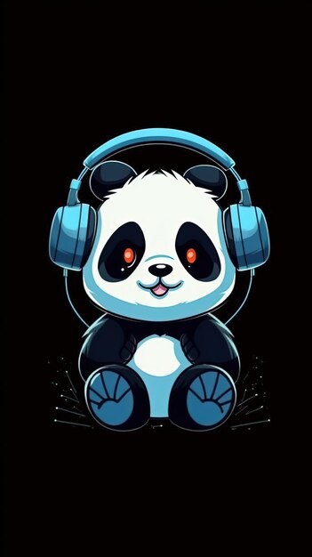 Foto panda com fones de ouvido com fundo de papel de parede de desenho animado