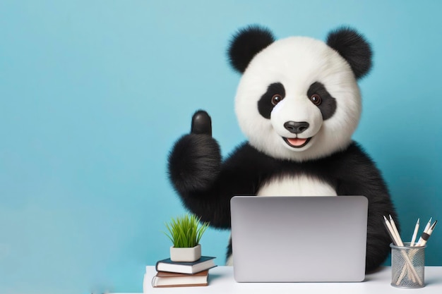 Panda com laptop mostrando polegares em fundo colorido