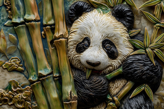 El panda come el árbol de bambú, arte majólica.