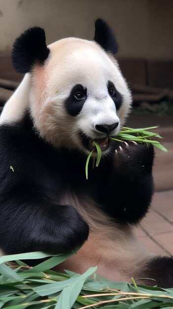 Un panda come hierba en un zoológico.