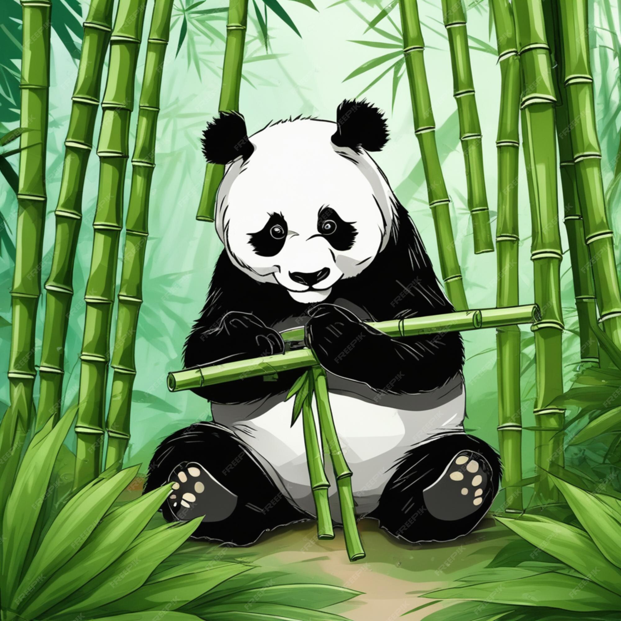 Desenhos animados Panda bonito comendo ilustração de bambu, Gráficos -  Envato Elements