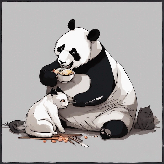 Panda comendo com gato imagem de fantasia ai gerada arte