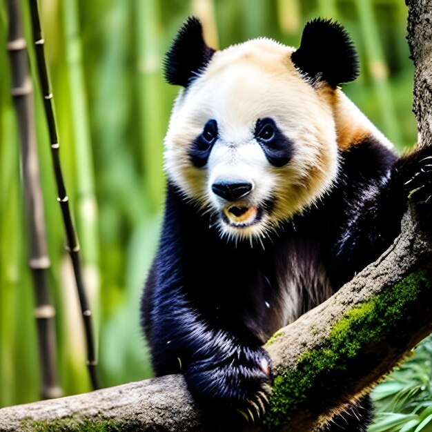 Un panda comiendo bambú en un bosque tropical