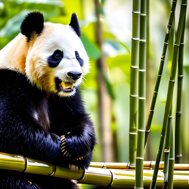 Un panda comiendo bambú en un bosque tropical