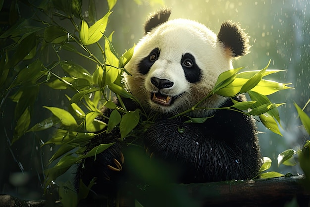 Un panda comiendo bambú en un bosque tropical