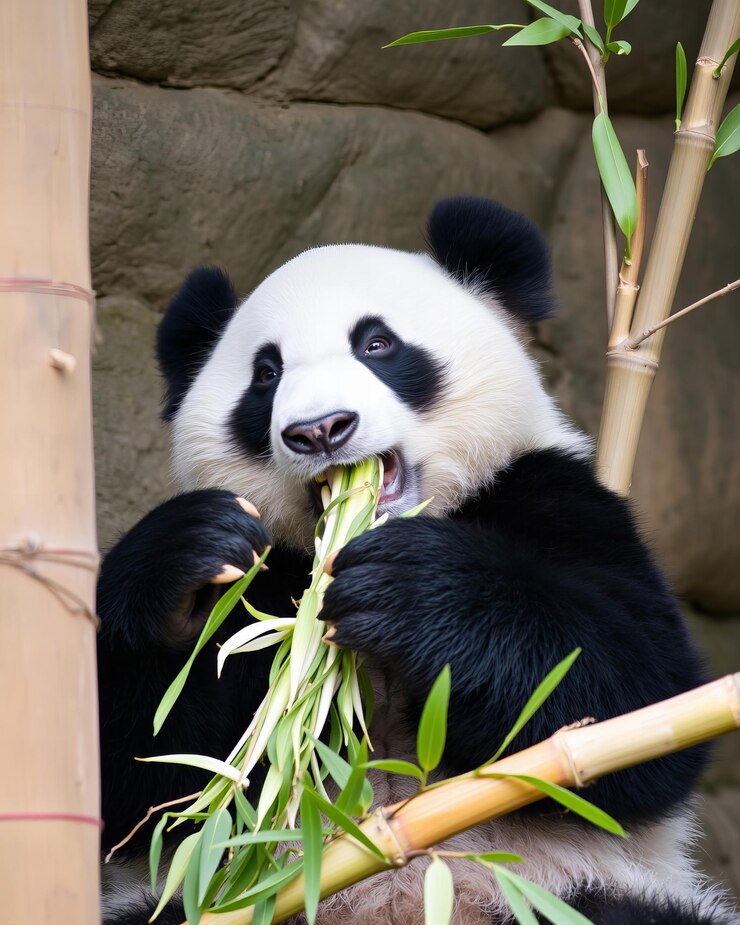 Foto panda comiendo brotes de bambú con las patas junto a las ramas cortadas