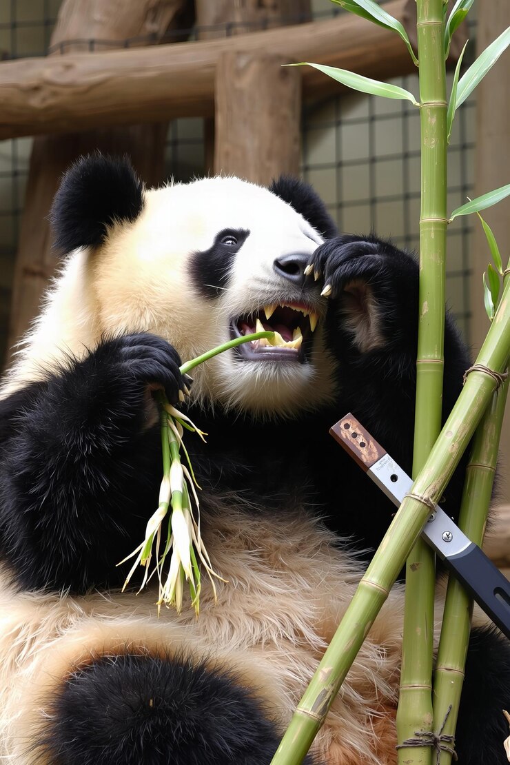 Foto panda comiendo brotes de bambú con las patas junto a las ramas cortadas