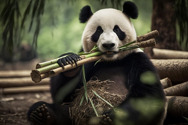 Panda comiendo brotes de bambú, red neuronal de oso blanco y negro rara y en peligro de extinción generada por ai