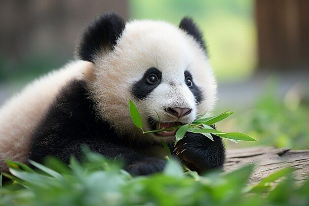 un panda comiendo hojas en un recinto del zoológico