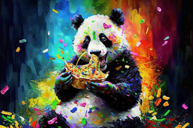 Un panda comiendo una pizza con confeti.