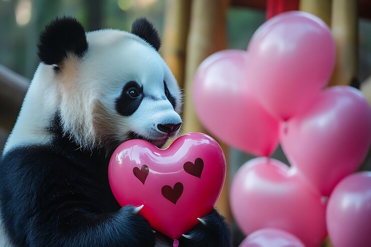 Foto un panda con corazones en el pecho se sienta frente a un corazón rosado