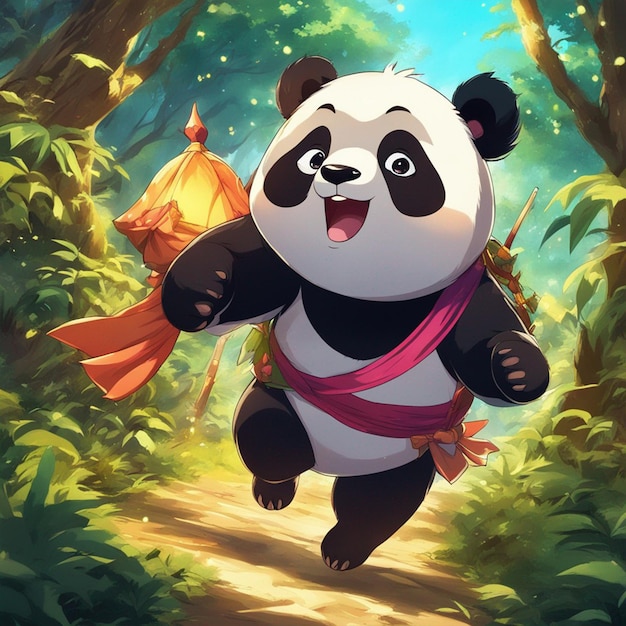 Panda corre na floresta mágica Papel de parede