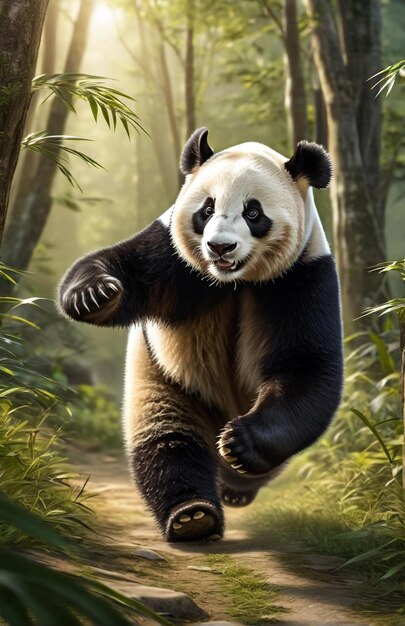 Foto panda corriendo en la pista de fondo naturaleza del desierto vida silvestre y nieve