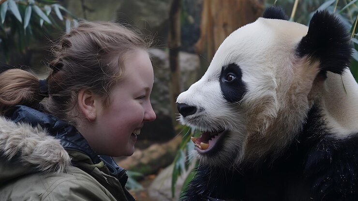 Foto el panda y el cuidador se unen en el tranquilo entorno del santuario con un entorno natural