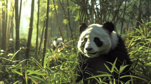 Un panda curioso explorando un bosque de bambú su pelaje negro y blanco renderizado con impresionante atención al detalle ilustración generada por IA