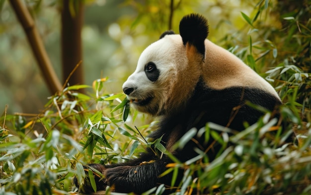 Un panda se deleita en una cama de hojas de bambú frescas