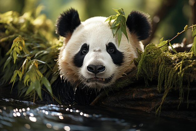 Foto panda descansando entre exuberantes bambúes generativa ia