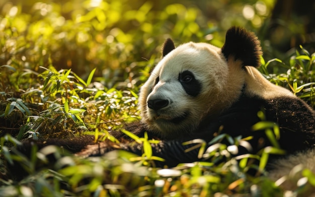 Un panda descansando en el suelo de un bosque iluminado por el sol