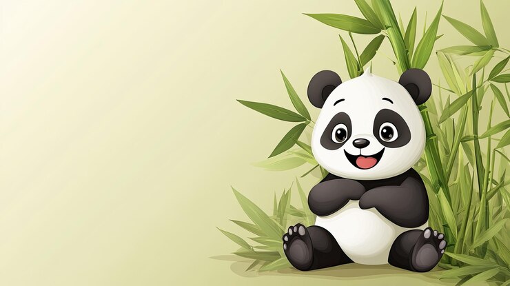 Foto un panda de dibujos animados alegre sentado con bambú rodeado de hojas verdes con espacio para el texto en el fondo