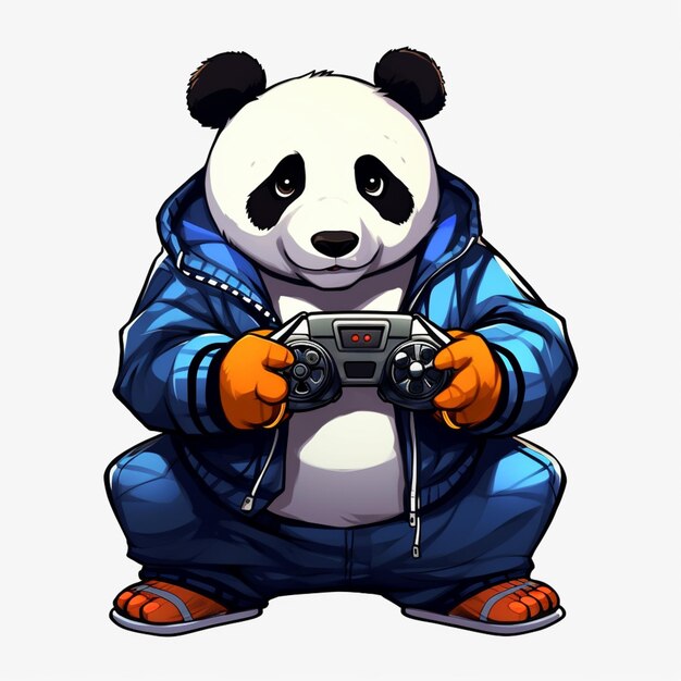 Foto panda de dibujos animados con cámara y sudadera con capucha sosteniendo un controlador de videojuego