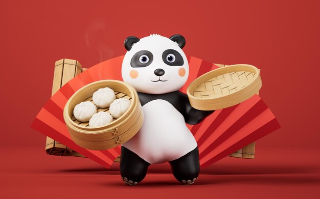 El panda de dibujos animados y la comida china baozi renderización 3D