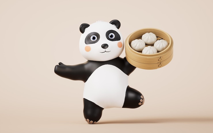 Foto el panda de dibujos animados y la comida china baozi renderización 3d