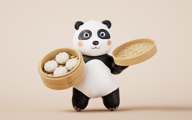 El panda de dibujos animados y la comida china baozi renderización 3D