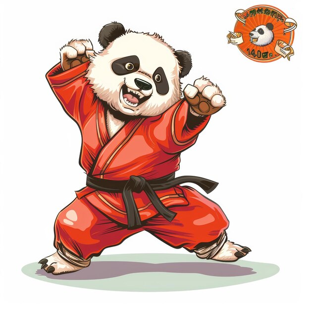 Un panda de dibujos animados con un gi de karate rojo con un cinturón negro en una postura de lucha con un logotipo de un panda en un círculo en el fondo