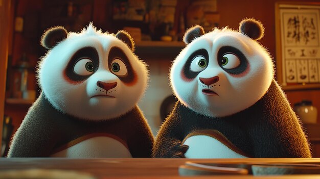 El panda de dibujos animados Lin guiñando a Bao con Bao mirando confundido Cinematic 8k