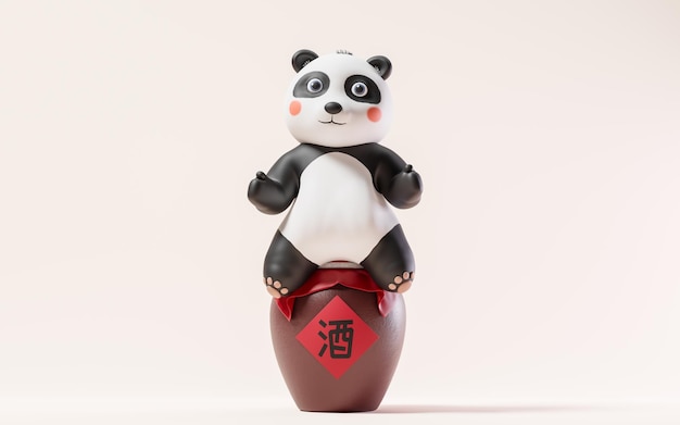 Panda de dibujos animados y tarro de vino renderizado en 3d Traducción en tarro de vino