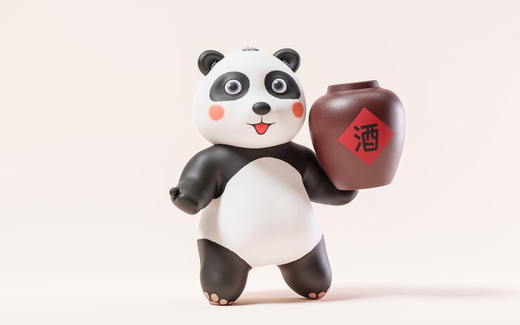 Foto panda de dibujos animados y tarro de vino renderizado en 3d traducción en tarro de vino