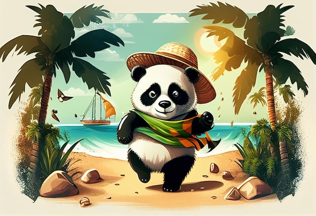 Un panda divertido con gafas de sol y un sombrero camina alegremente directamente hacia la cámara con el telón de fondo