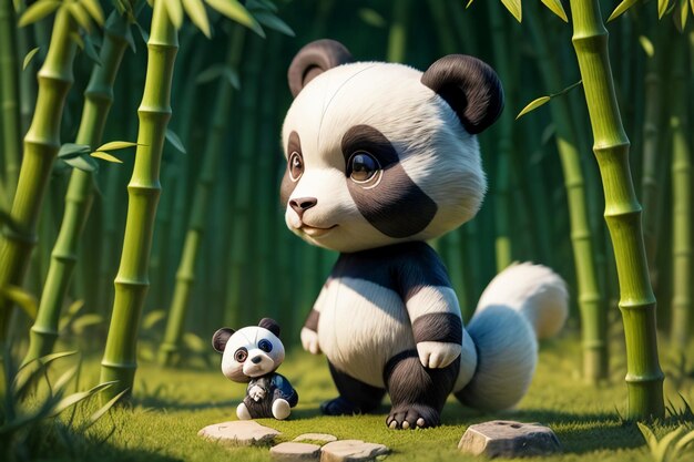 Panda do tesouro nacional chinês dos desenhos animados brincando na floresta de bambu Anime papel de parede de renderização 3D