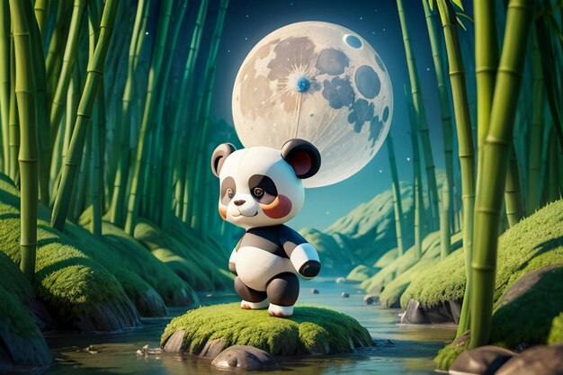 Panda do tesouro nacional chinês dos desenhos animados brincando na floresta de bambu Anime papel de parede de renderização 3D
