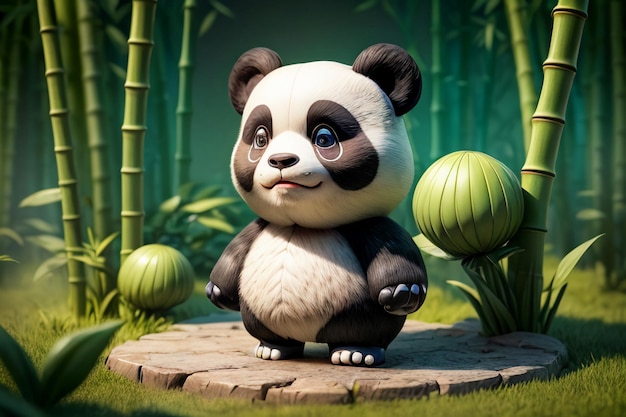 Foto panda do tesouro nacional chinês dos desenhos animados brincando na floresta de bambu anime papel de parede de renderização 3d