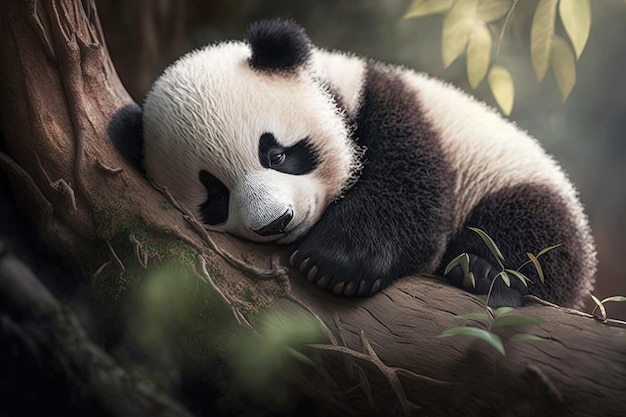 Panda dormindo O bebê panda fofo dorme em uma árvore gerada por IA