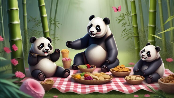 Foto un panda y dos pandas sentados en una mesa con comida y un fondo de bambú