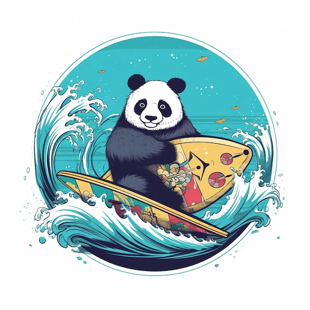 Panda em uma prancha de surf no oceano