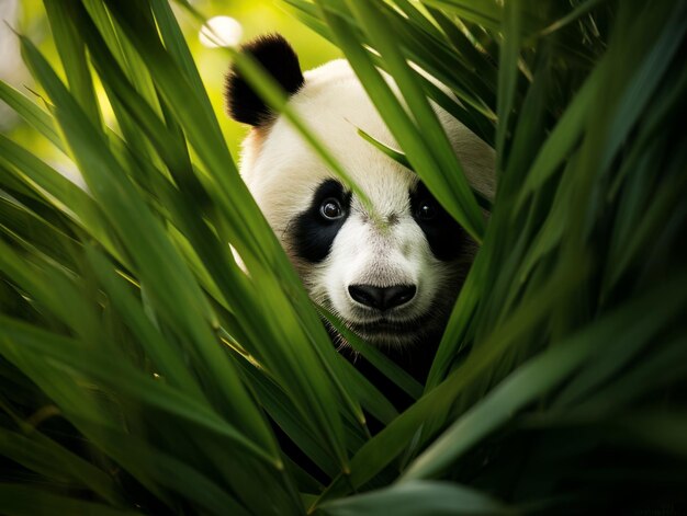 Foto el panda emerge de un denso matorral de bambú