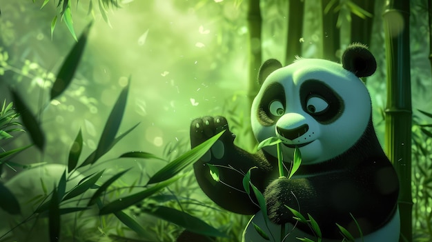 Un panda encantado disfrutando del bambú en el verde