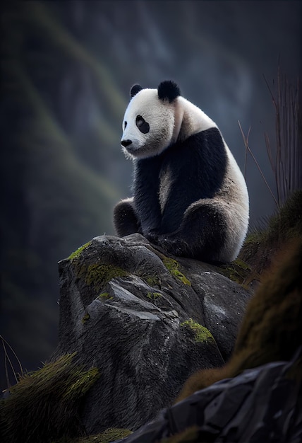 Panda encaramado en una roca con vistas a su entorno generativo ai