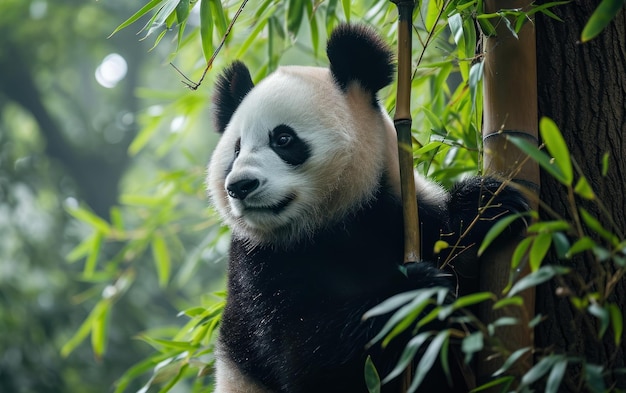 panda escalando con gracia un árbol de bambú