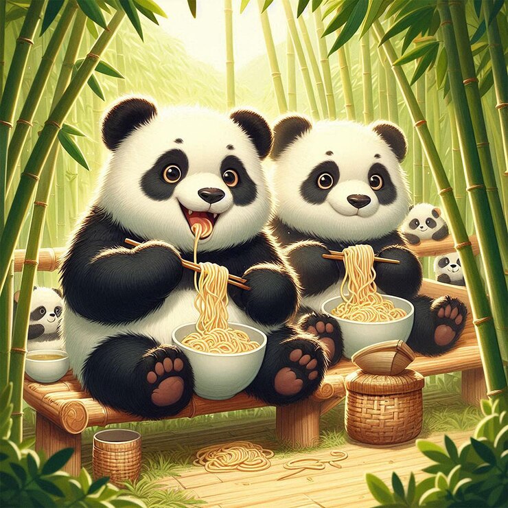 Foto un panda está comiendo fideos.