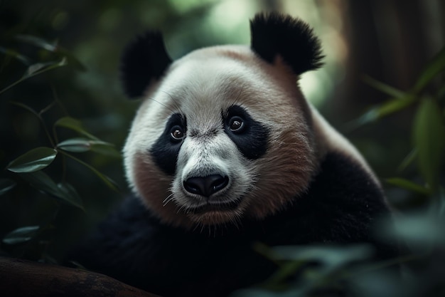 Un panda está sentado en un árbol mirando a la cámara.