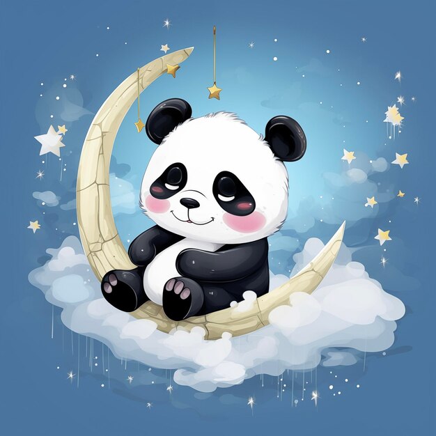 Panda está sentado en la luna con nubes