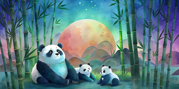 Panda-Familie im Bambuswald als Tapeten- oder Plakatentwurf