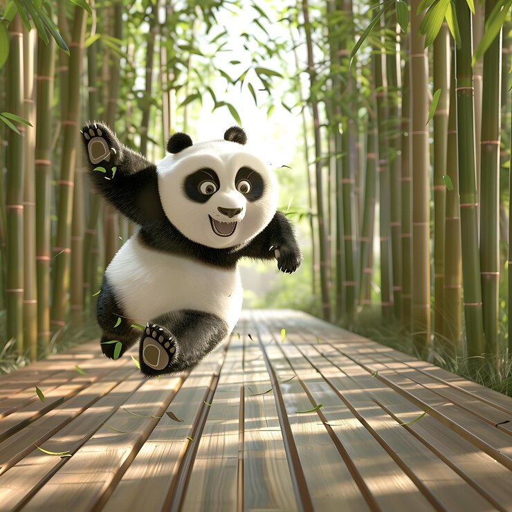 Foto un panda feliz corriendo por el bosque de bambú